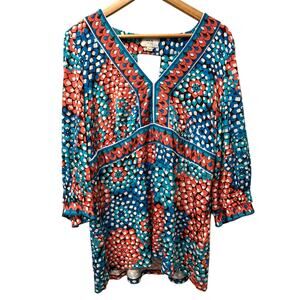 ECI New York 1X Floral V‎ Neck Top 3/4 Sleeve Keyhole Back Side Zip Plus Size